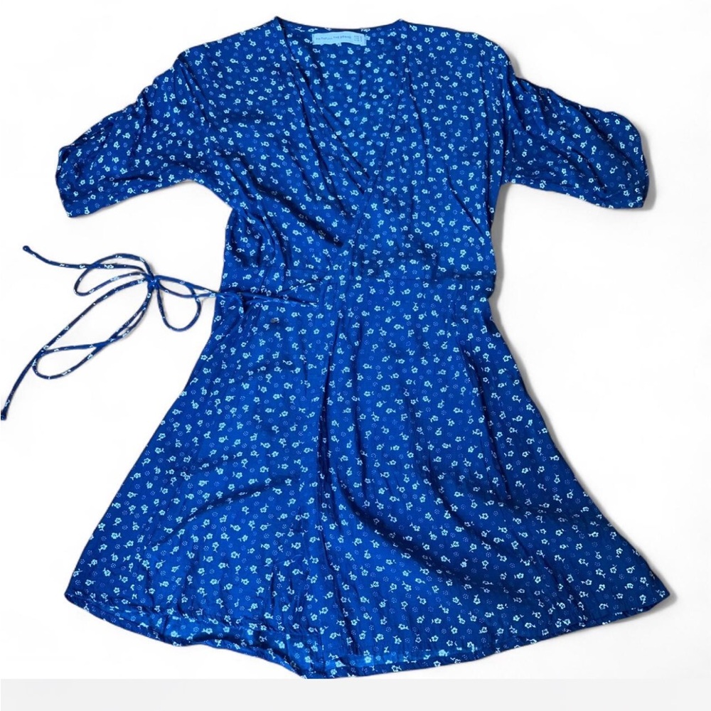 Faithfull the Brand Blue Mini Wrap Dress with White Floral Print